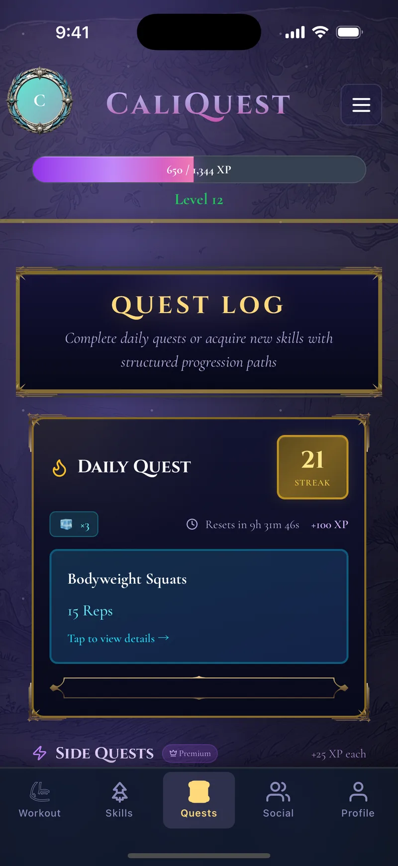 CaliQuest daily quest with a 21-day streak badge, streak freezes, and XP reward