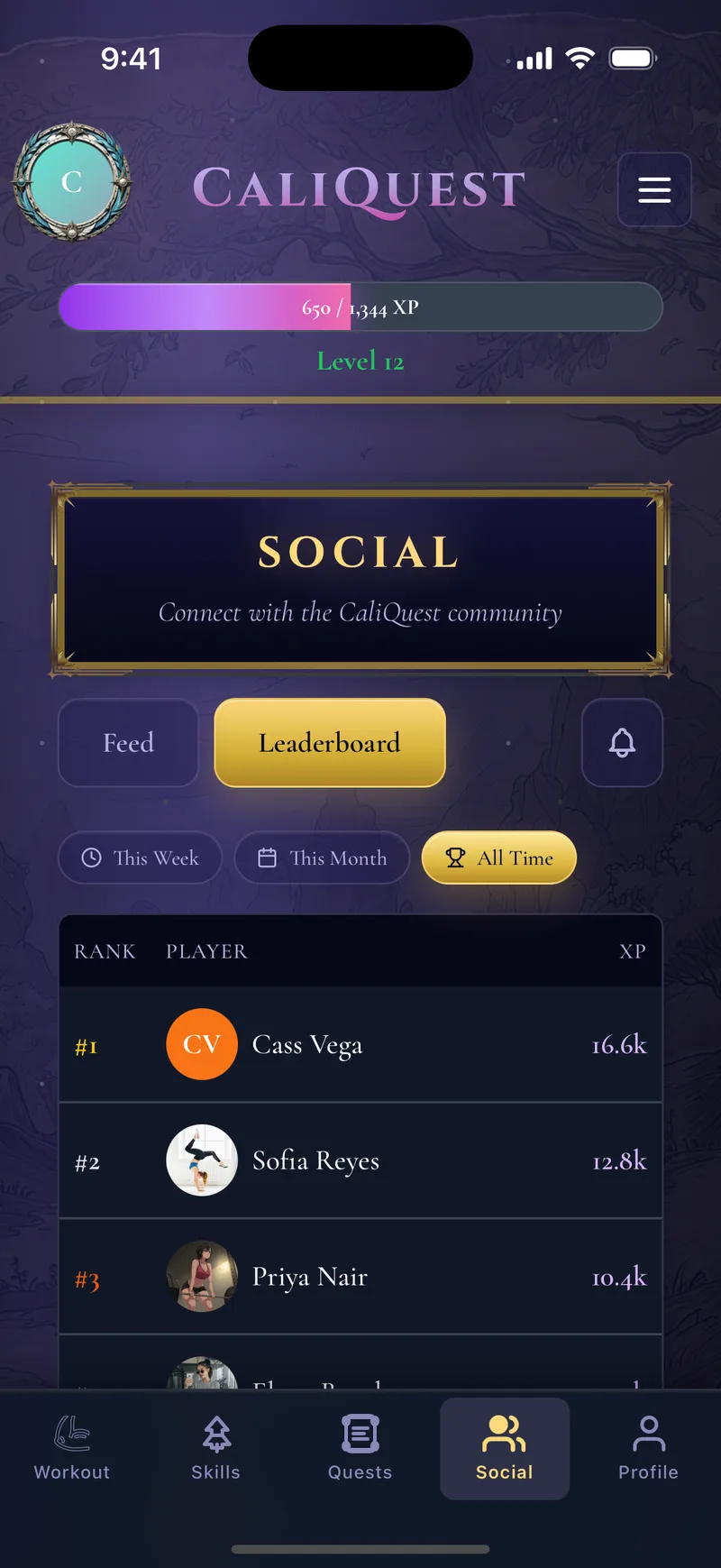 CaliQuest all-time XP leaderboard with ranked players