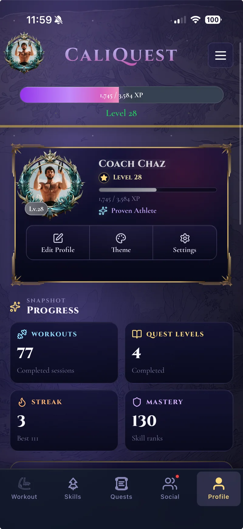 CaliQuest character profile with level 14 badge, XP bar, unlocked theme, and training stats