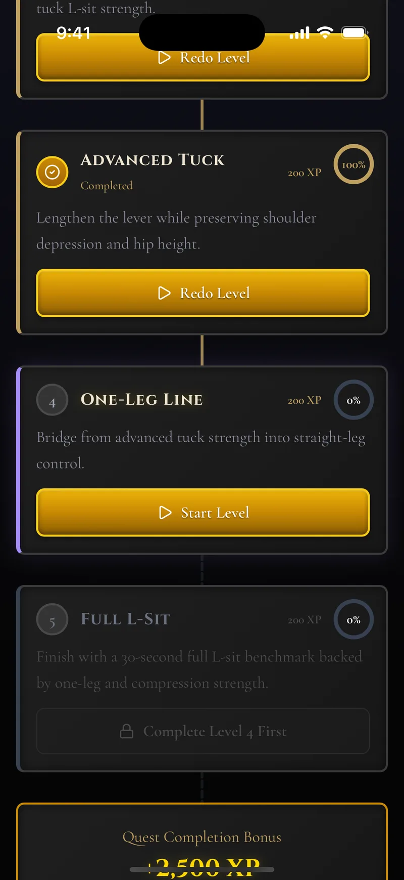 L-Sit quest line levels showing completed levels, the current level to start, and a 2,500 XP completion bonus