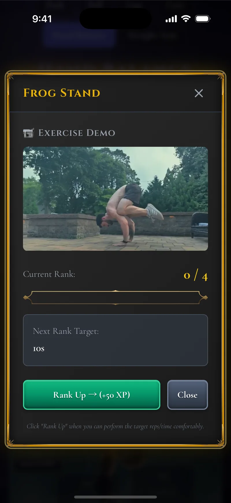 Archer push-ups skill detail with video demo, rank 4 of 4 progress bar, and prerequisites