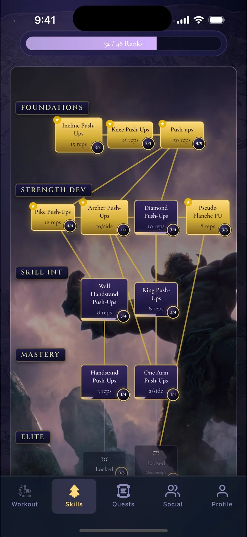 CaliQuest RPG-style calisthenics skill tree with ranked push-up skills from foundations to elite tier