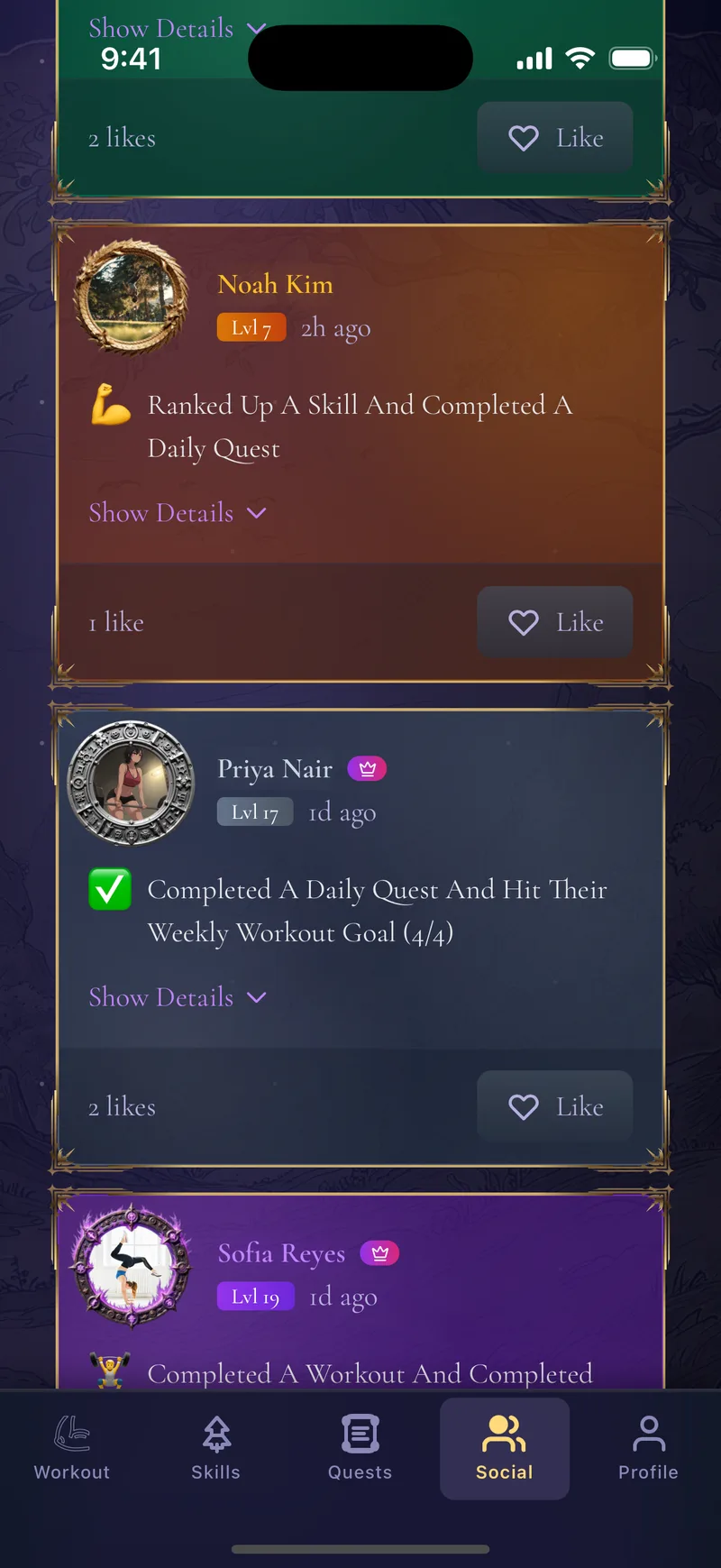 CaliQuest social feed with themed profile cards showing workouts completed and skills ranked up