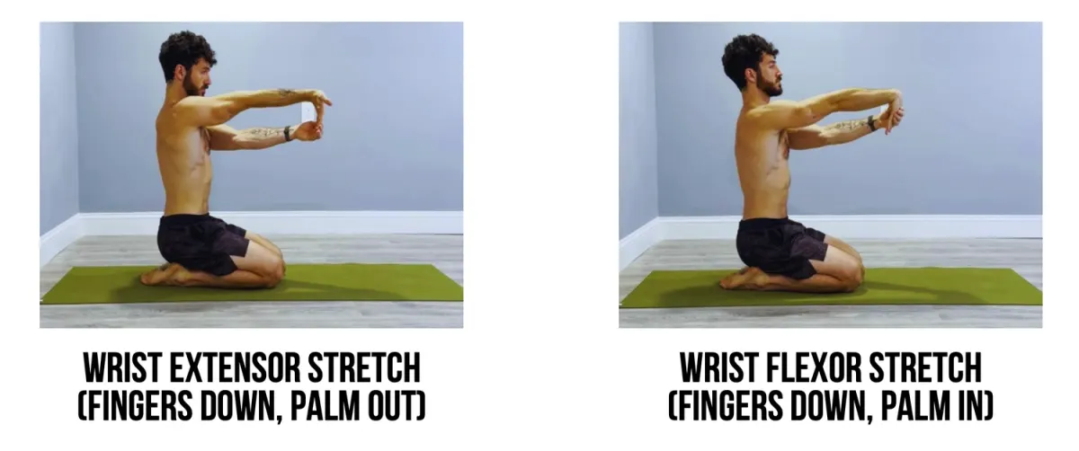 Wrist extensor stretch with fingers down and palm out, and wrist flexor stretch with fingers down and palm in