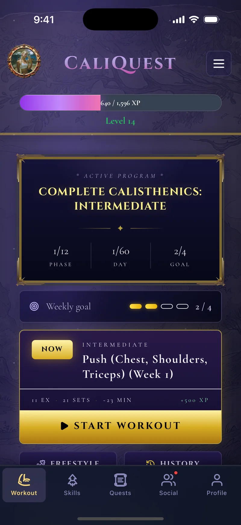 CaliQuest workout tab showing an active calisthenics training program with weekly goal tracking